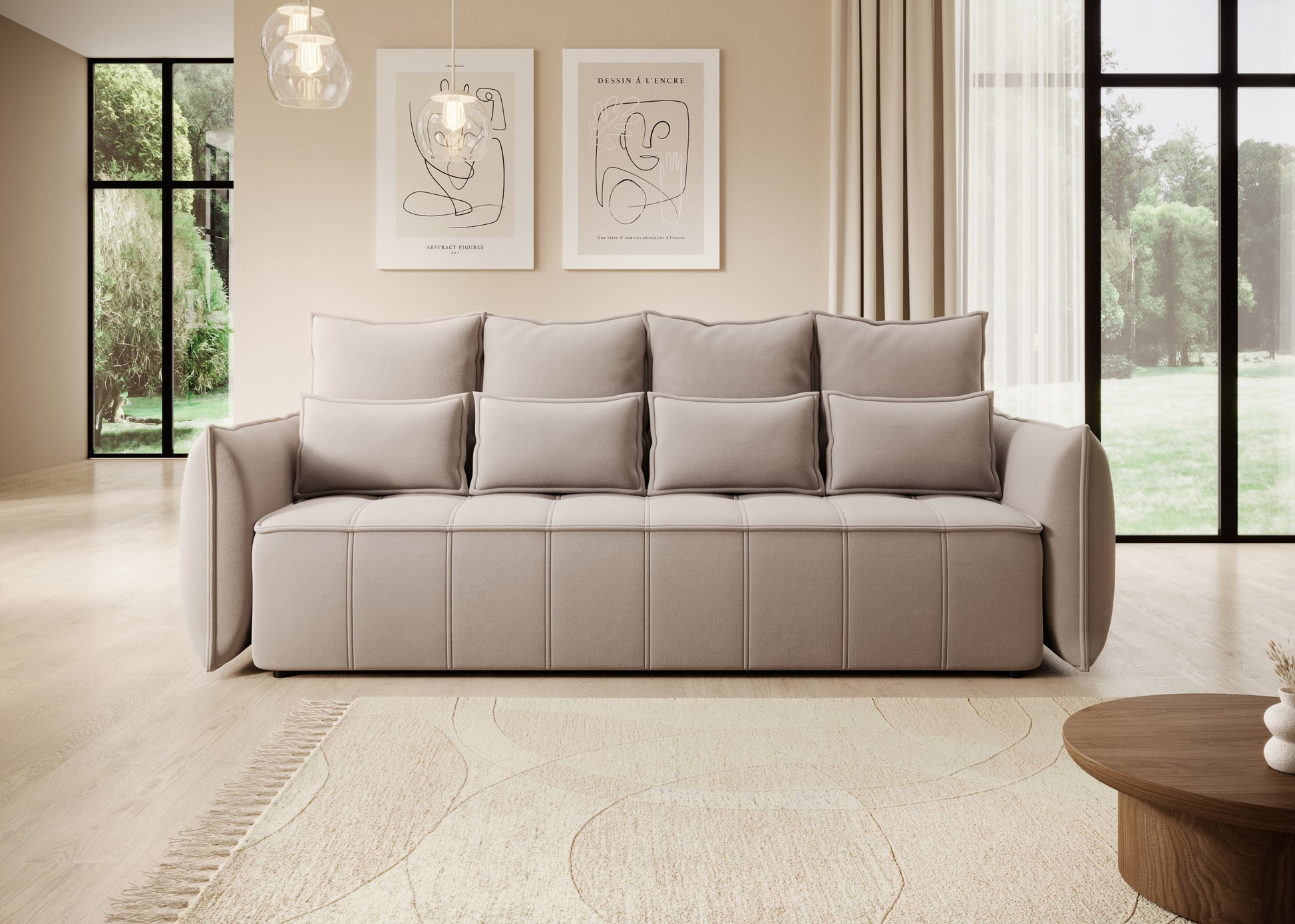 Nowoczesna sofa Weltton Sola 18 jasnobeżowy ustawiona w salonie z dużymi oknami – inspiracja do aranżacji wnętrza.