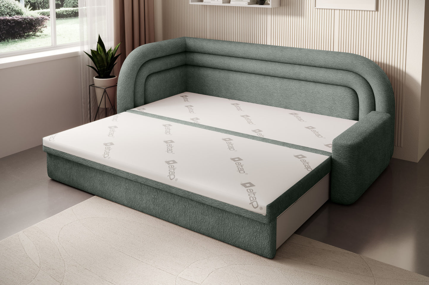 Sofa Fabillo Touch 100 w zielonym odcieniu rozłożona w lewym układzie na łóżko z widocznym białym materacem.