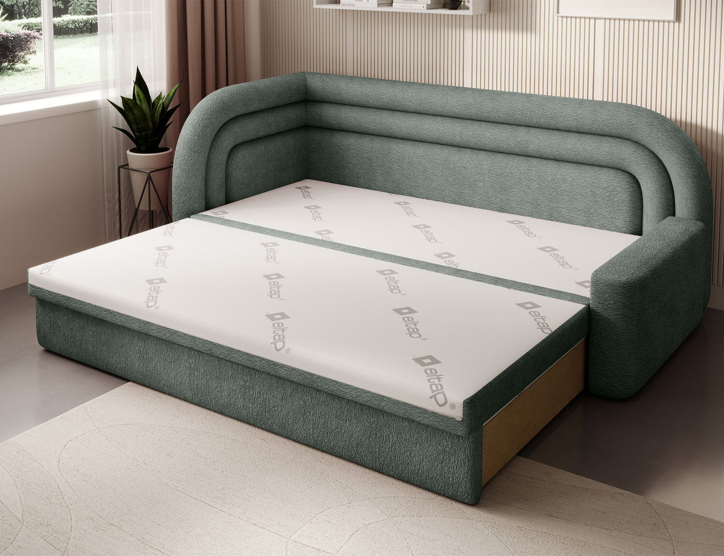 Sofa Fabillo Touch 100 w zielonym odcieniu rozłożona w lewym układzie na łóżko z widocznym białym materacem.