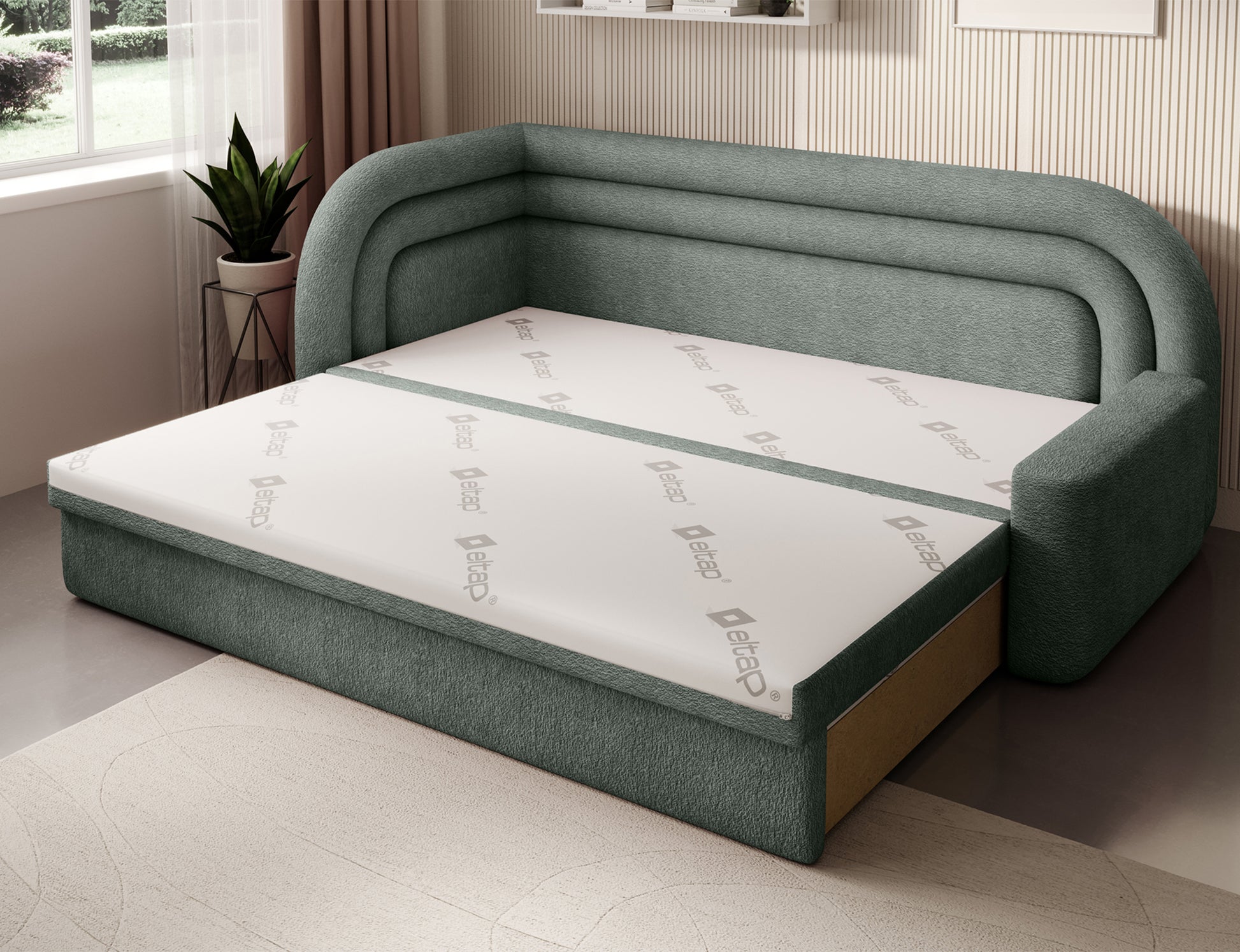 Sofa Fabillo Touch 100 w zielonym odcieniu rozłożona w lewym układzie na łóżko z widocznym białym materacem.