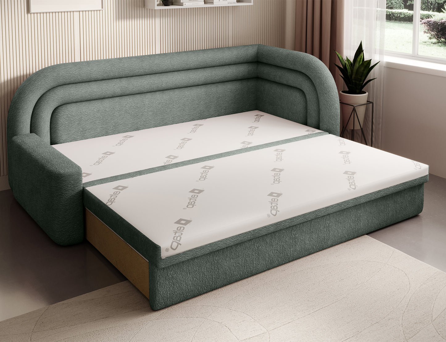 Rozłożona prawostronna sofa Fabillo Touch 100 w zielonym kolorze, przekształcona w łóżko z widocznym białym materacem ELTAP, ustawiona przy dużym oknie.