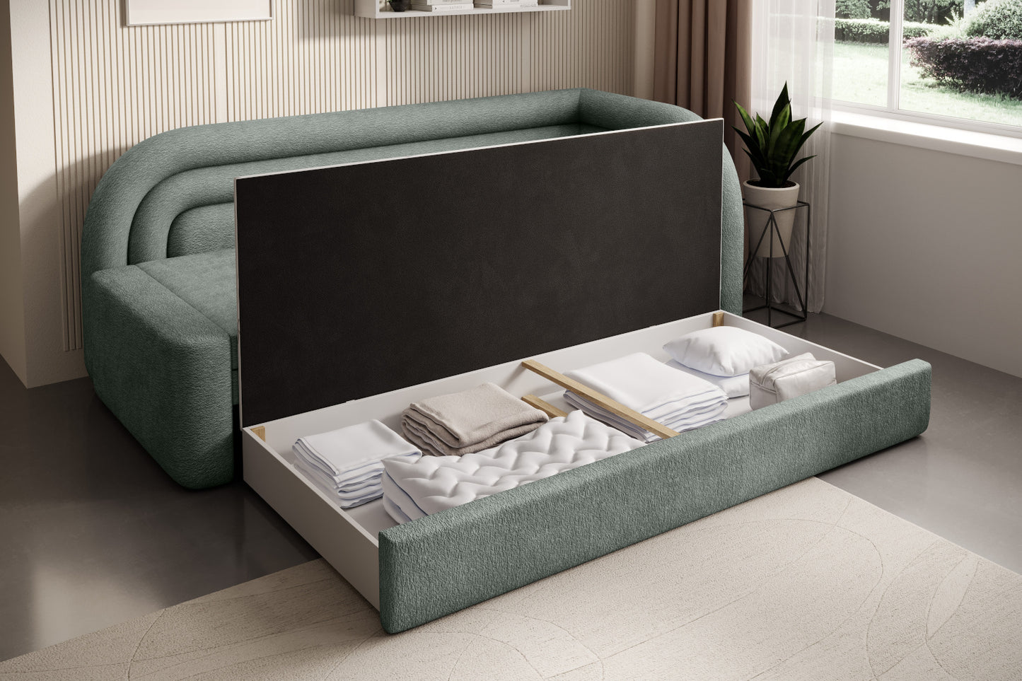 Prawostronna sofa Fabillo Touch 100 w zielonym odcieniu z podniesionym siedziskiem odsłaniającym pojemny schowek wypełniony pościelą i poduszkami.