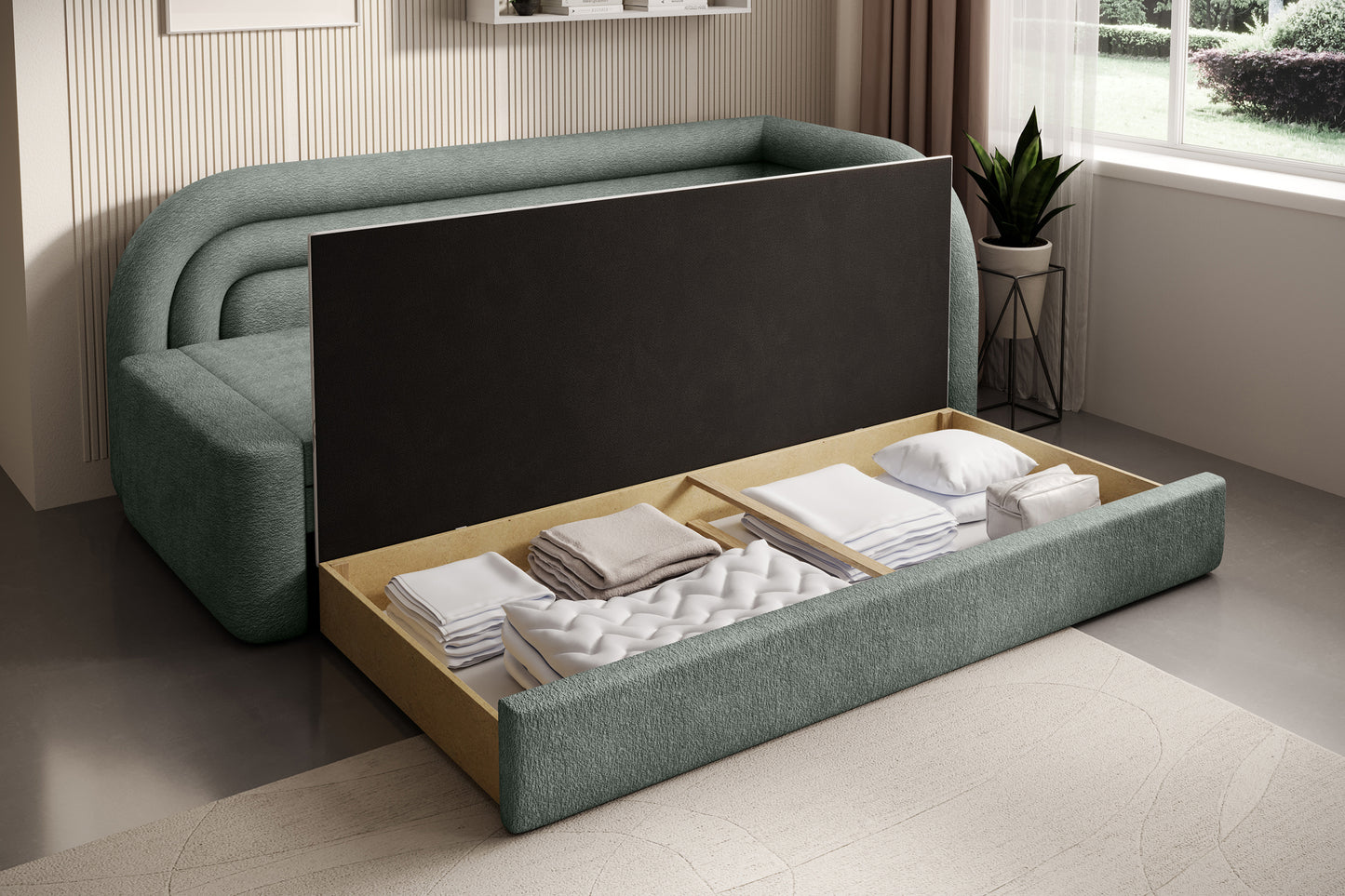 Prawostronna sofa Fabillo Touch 100 w zielonym odcieniu z podniesionym siedziskiem odsłaniającym pojemny schowek wypełniony pościelą i poduszkami.