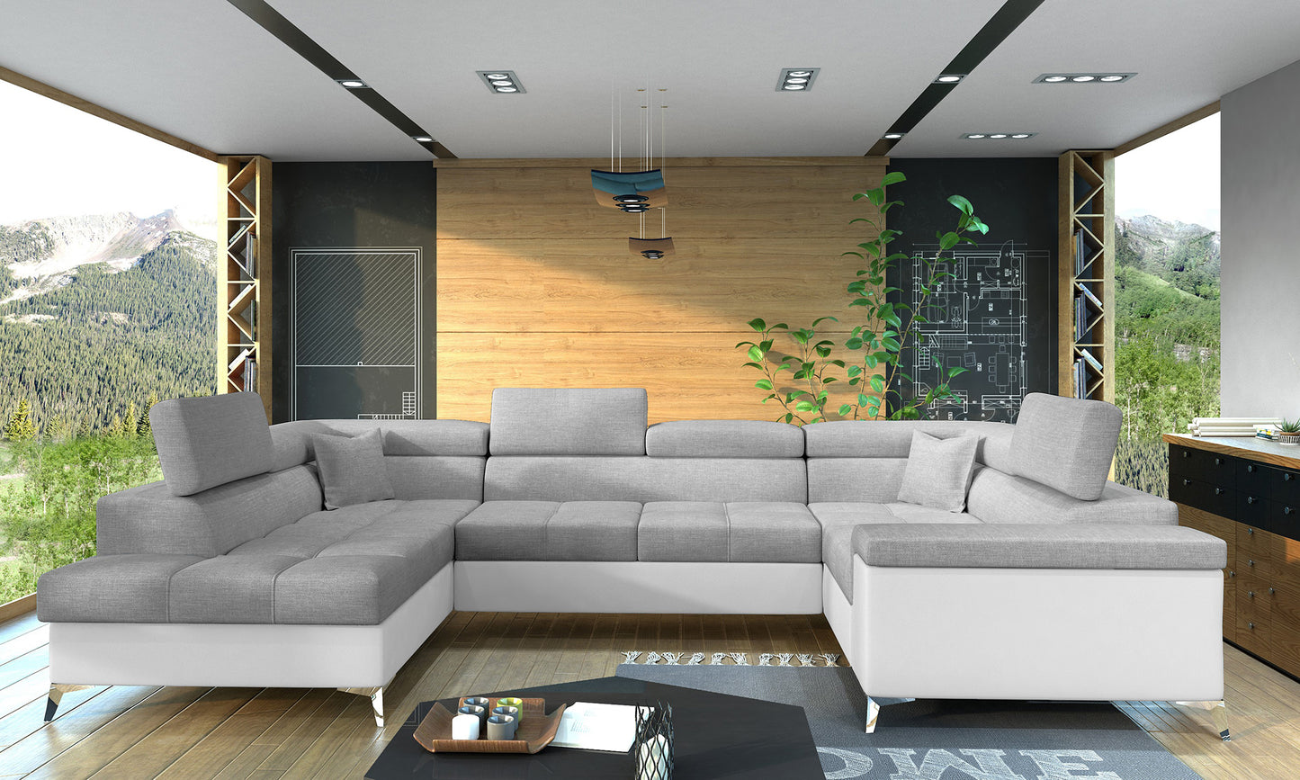Designerski narożnik Thiago lewy wykonany z tkanin Sawana 21 i Soft 17 prezentuje minimalistyczną bryłę, regulowane zagłówki oraz komfortowe siedziska. Funkcjonalny narożnik do rodzinnego salonu zapewnia wysoki komfort wypoczynku każdego dnia.