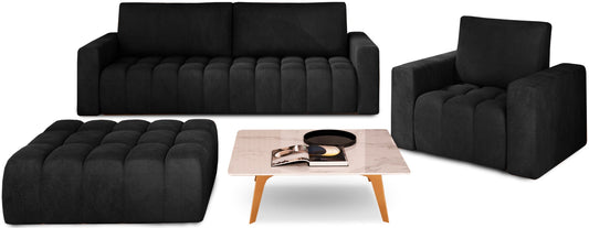 Komplet wypoczynkowy Lazaro w czarnej tkaninie Matt Velvet 99 – sofa, fotel i pufa na białym tle z marmurowym stolikiem, układ minimalistyczny.