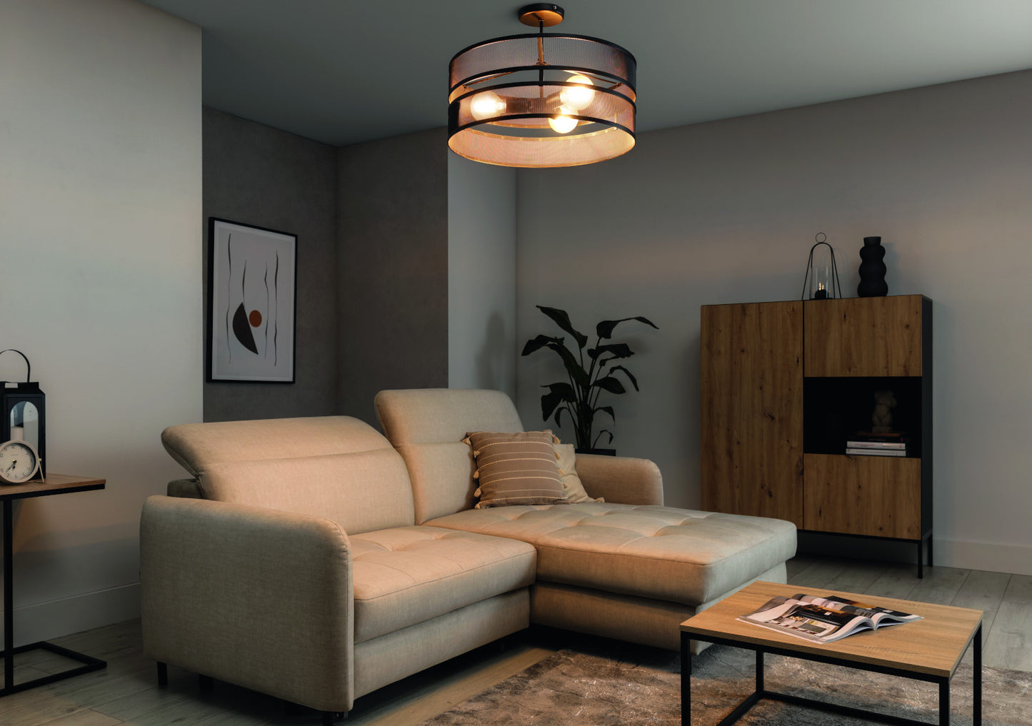 Lampa sufitowa Orabela A czarna Ø55 cm – aranżacja we wnętrzu przy ciepłym świetle