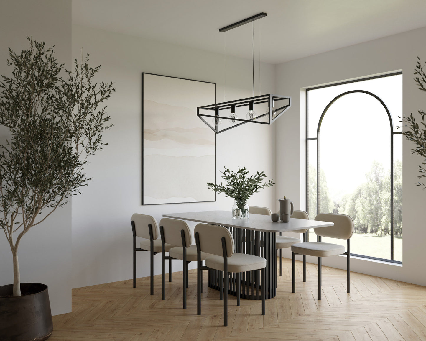 Lampa wisząca Eluvies czarna 25×125 cm – aranżacja w jadalni (dzień)