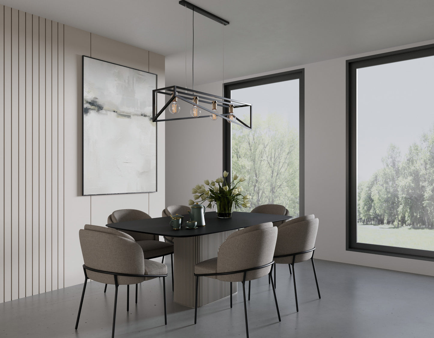 Lampa wisząca Eluvies czarno-złota 25×125 cm – aranżacja w jadalni (dzień)