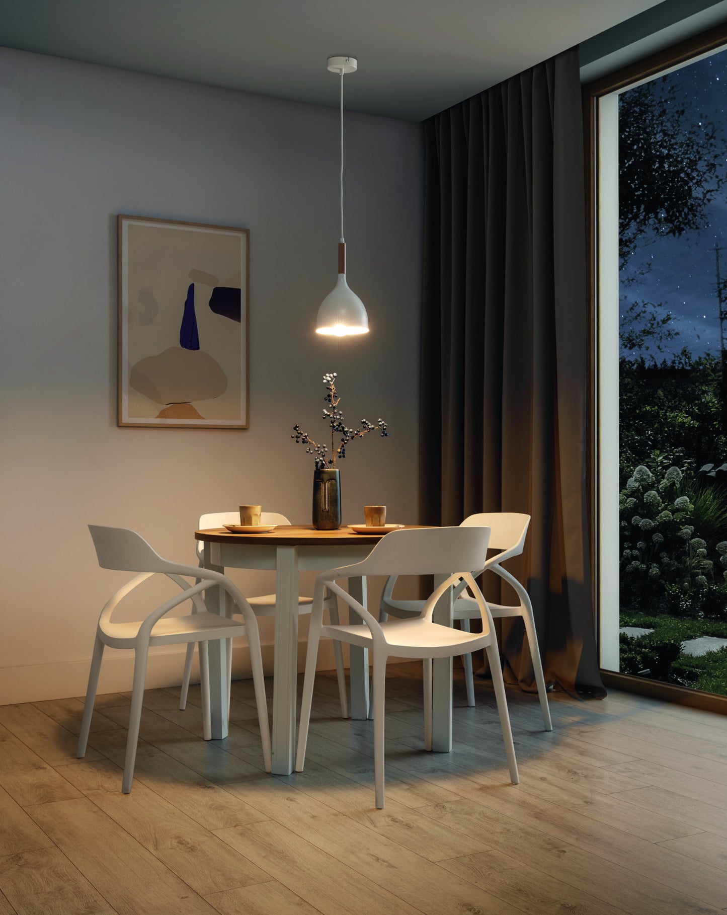 Lampa wisząca Woldes biała 17×110 cm – aranżacja w jadalni przy zapalonym świetle