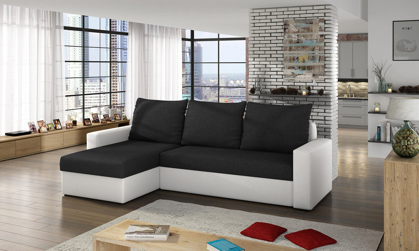 Narożnik Livio czarny/biały – aranżacja salonu, styl nowoczesny.