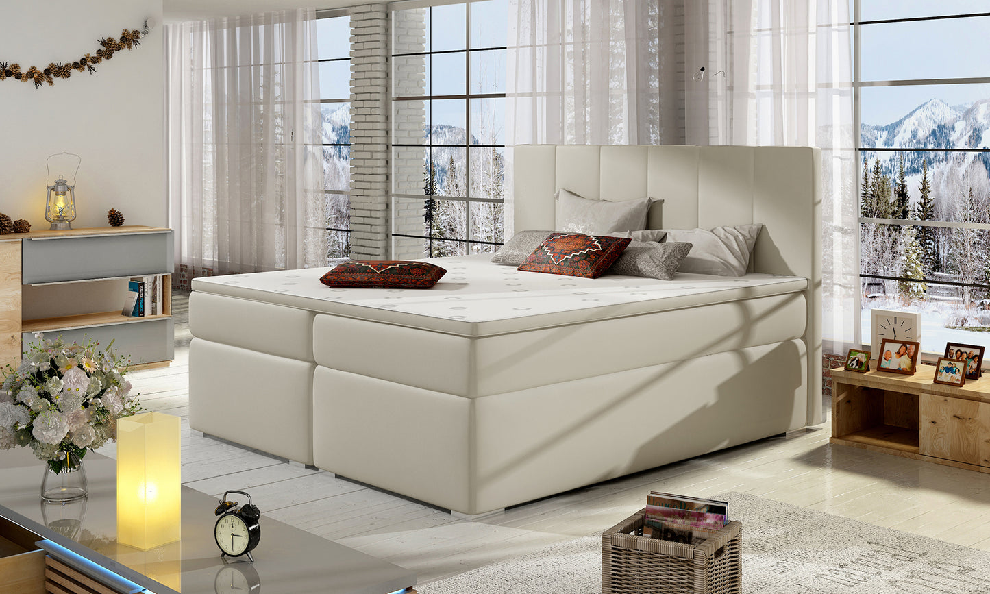 Łóżko Bolero 140x200 Soft 33 jasnobeżowy w eleganckiej sypialni z dużymi oknami i widokiem na góry.