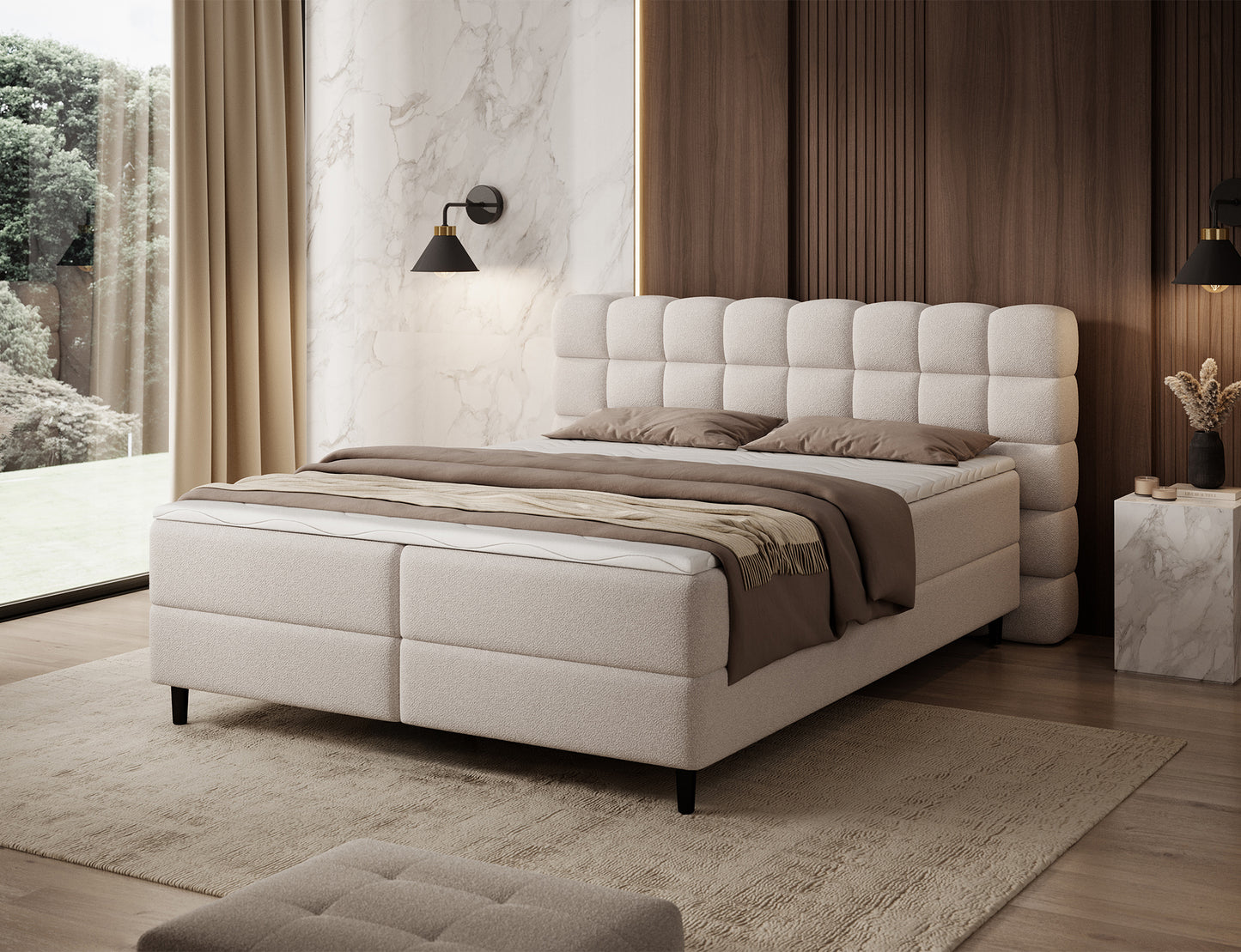 Łóżko Camma w tkaninie Paolli 18 beżowy w stylowej aranżacji sypialni, nowoczesny design i wygoda w jednym.