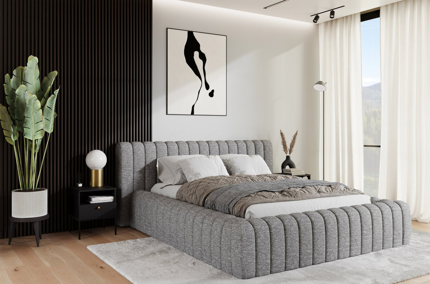 Łóżko tapicerowane Carilla Coralline 03 jasnoszary w nowoczesnej sypialni z czarnymi akcentami i dużym oknem z widokiem na góry.