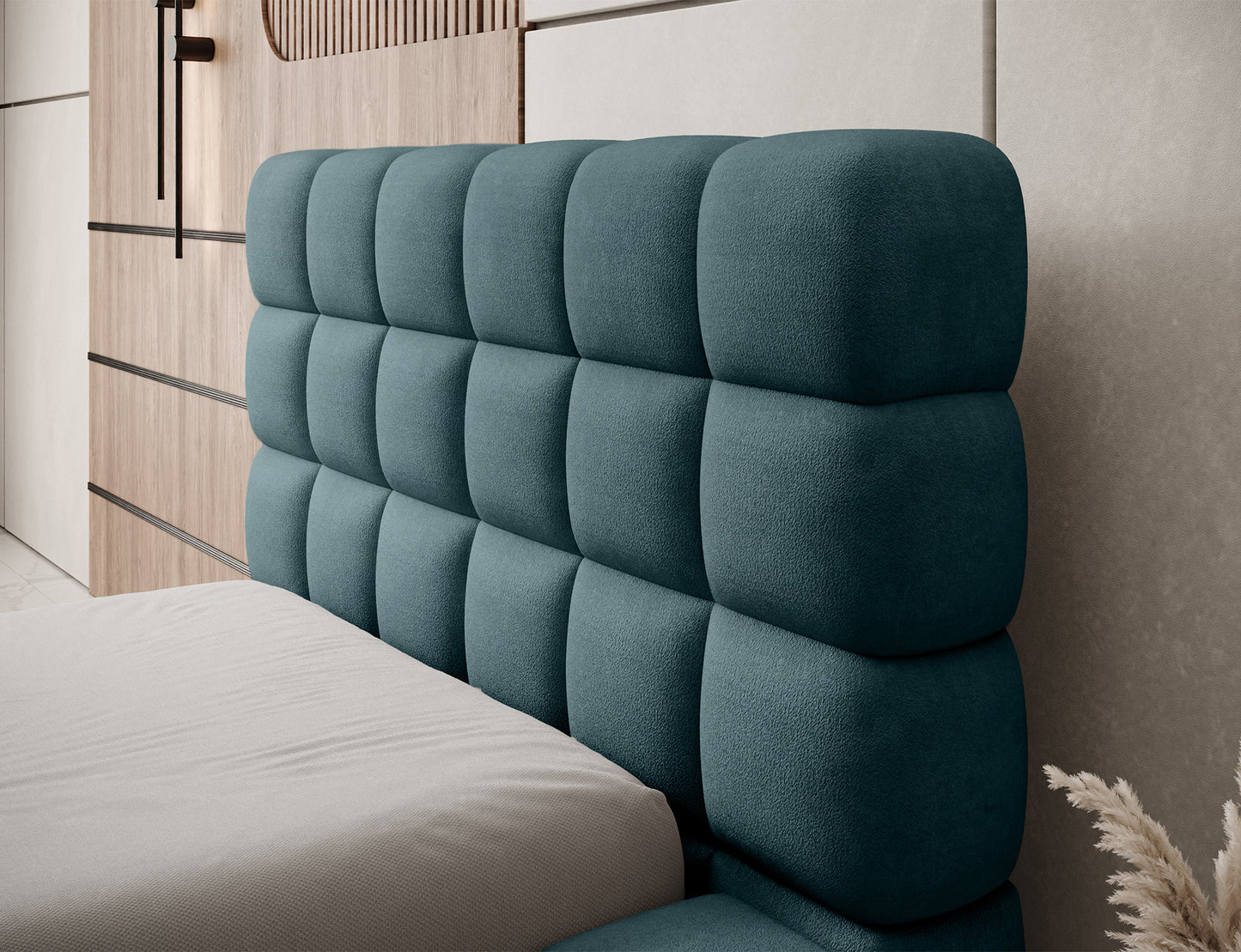 Detal zagłówka łóżka Dizzle 90 Amore 38 turkusowy – pionowe pikowania podkreślające komfort i nowoczesny charakter.