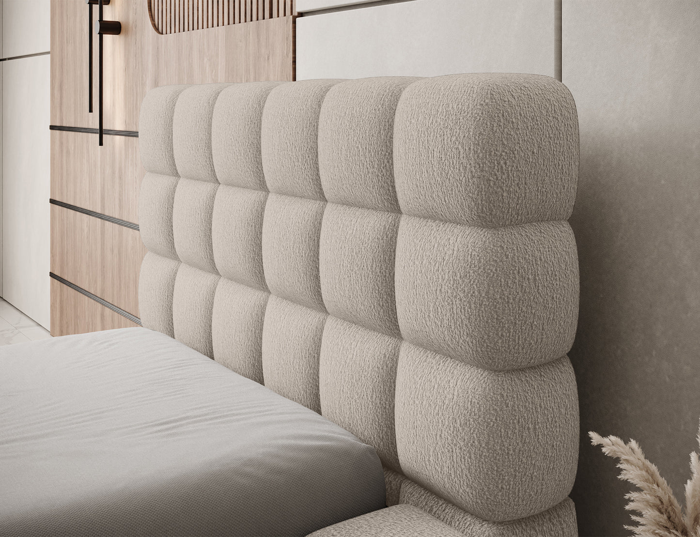 Łóżko jednoosobowe Dizzle 90x200 Royal 18 jasnobeżowy, zbliżenie na wezgłowie z miękkimi przeszyciami i tapicerką.