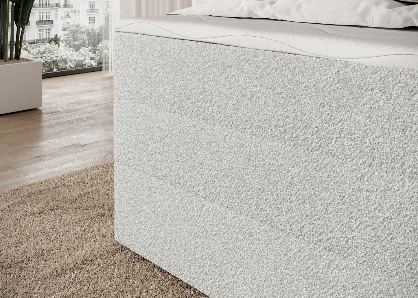 Korpus łóżka Kasped w tkaninie Royal 01 białej, solidna konstrukcja tapicerowana i eleganckie wykończenie do jasnej sypialni.