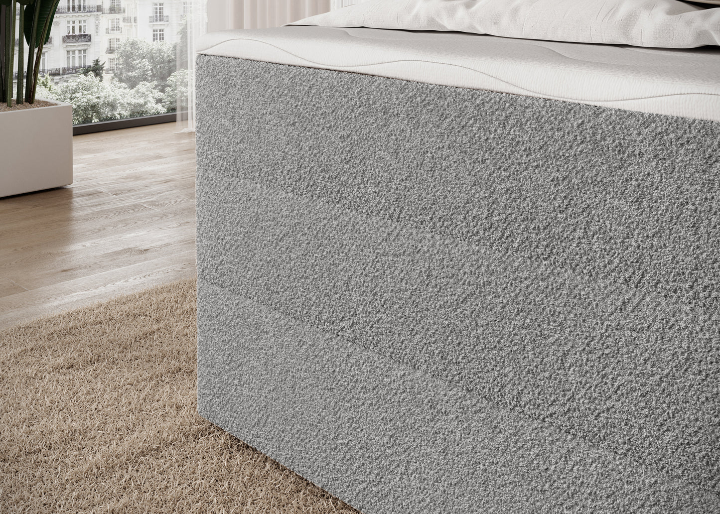 Korpus łóżka Royal 04 w szarym obiciu bouclé, solidne wykończenie i nowoczesny charakter mebla.