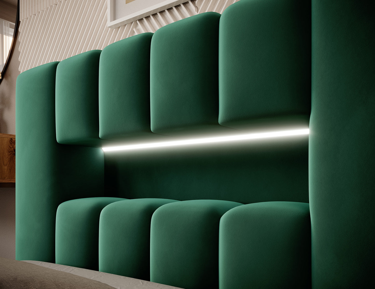 Zbliżenie górnej części zagłówka łóżka Lamica I Nube 35 butelkowa zieleń (90×200 cm) z wbudowaną listwą LED.