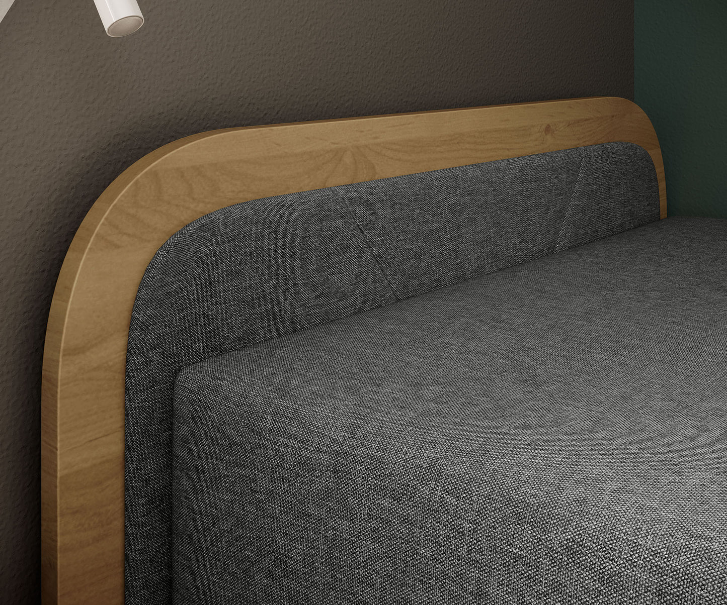 Zbliżenie na tapicerowany zagłówek łóżka Parys Sawana 21 szary (układ lewy) z obramowaniem z jasnego drewna i subtelnym przeszyciem tkaniny.