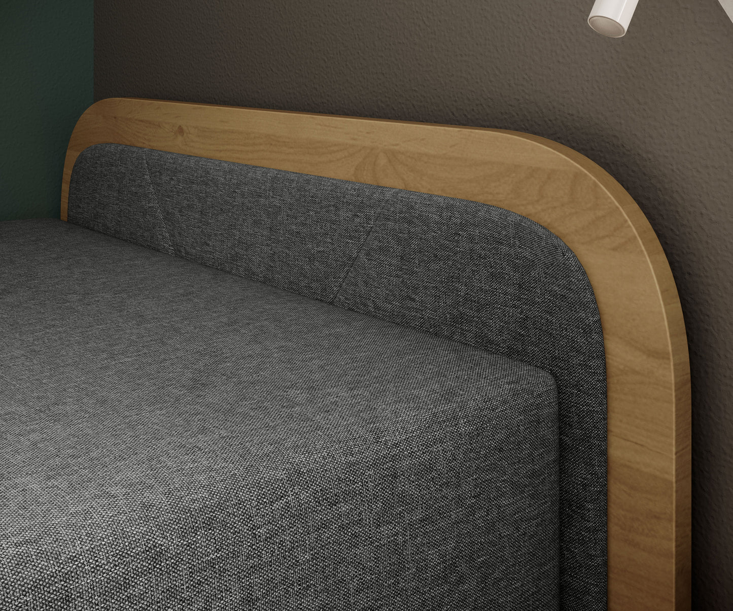 Zbliżenie na tapicerowany zagłówek łóżka Parys Sawana 21 szary, układ prawy, z obramowaniem z jasnego drewna i subtelnym przeszyciem.