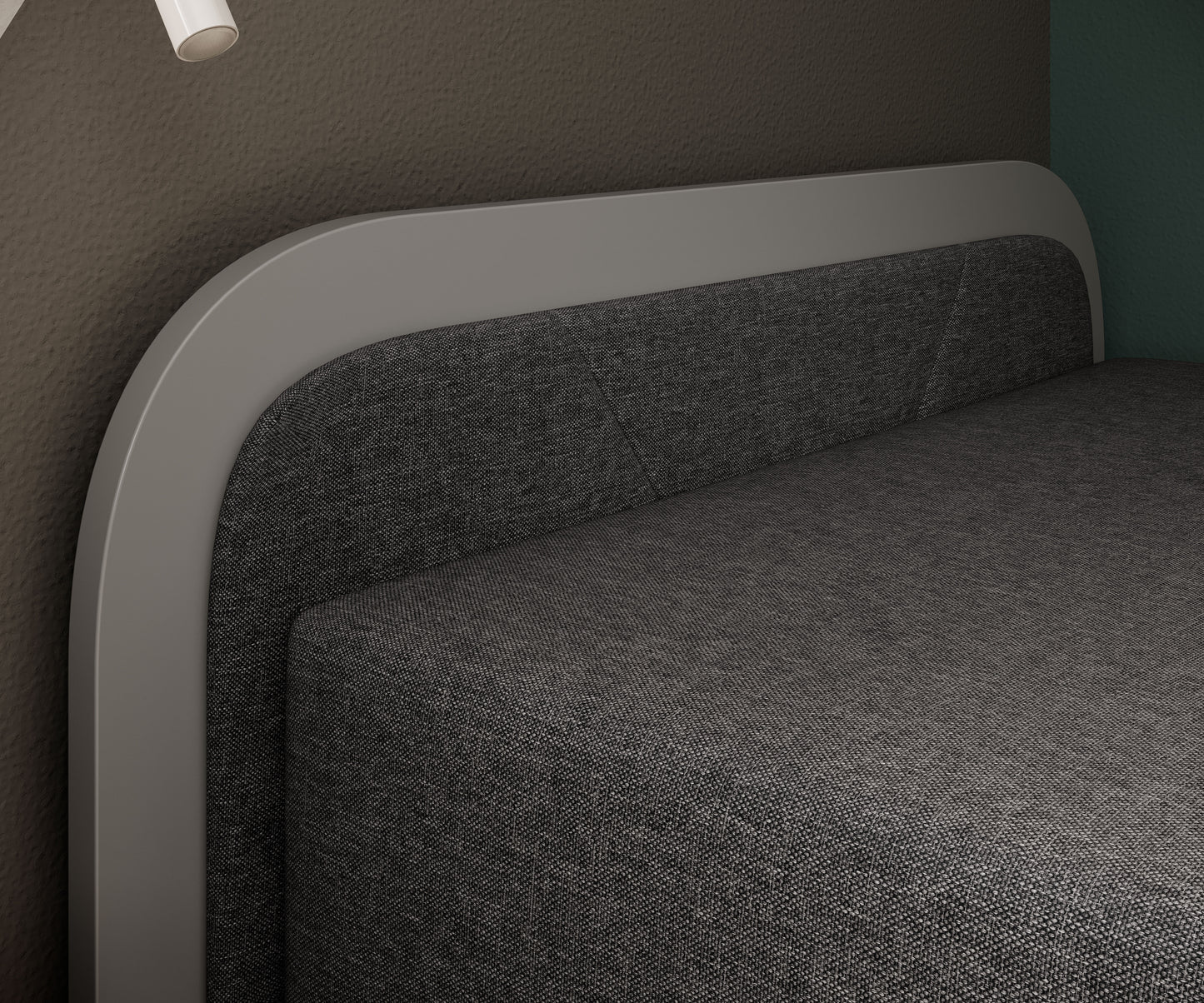 Lewostronnie ustawiony zagłówek łóżka Parys I w Sawana 05 ciemnoszary z zaokrągloną ramą i tapicerowanym panelem.