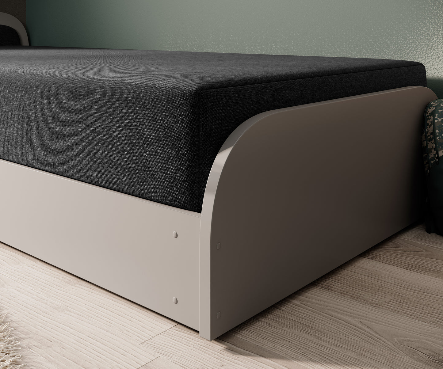 Dwa łóżka Parys I – po lewej Sawana 14 (czarny) z neonem „boy”, po prawej Alova 04 (czarny) z neonem „girl” – rozstawione przy stoliku z lampką i chmurkami na ścianie.