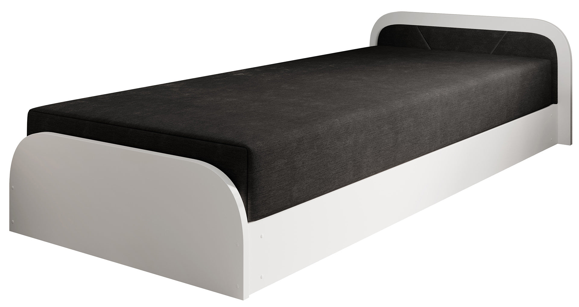Łóżko Parys I w tapicerce Alova 04 czarny na białym tle, z prawostronnym ustawieniem zagłówka i zaokrąglonymi krawędziami ramy.
