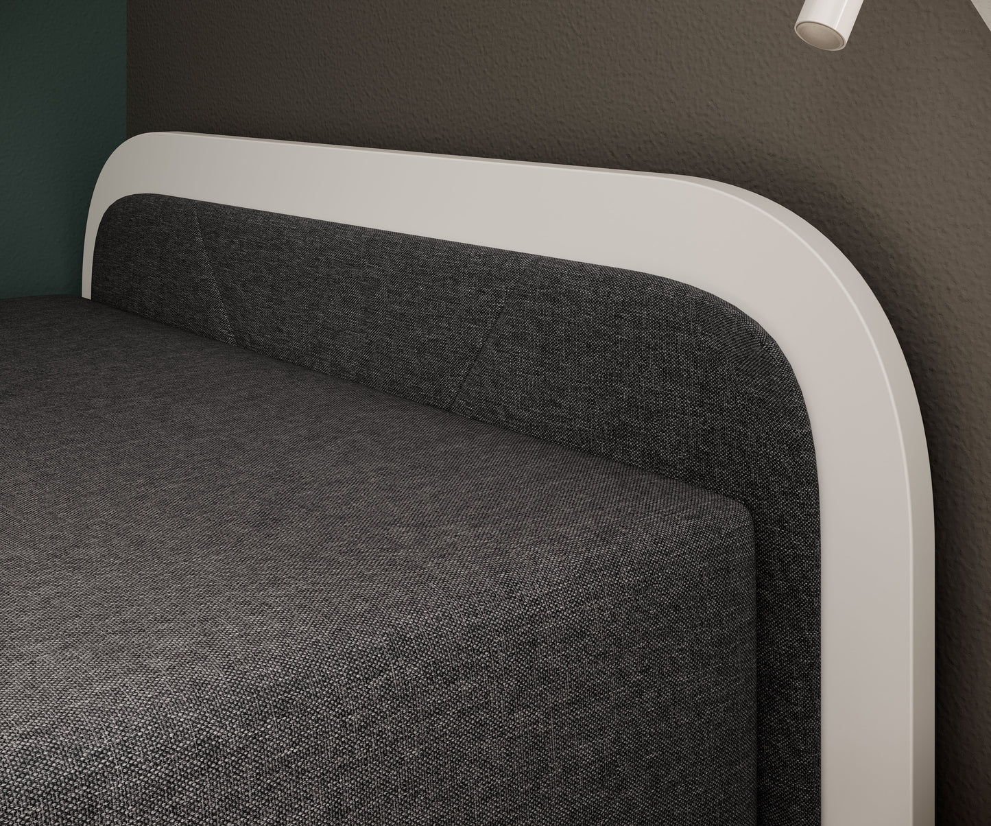 Zbliżenie na zagłówek łóżka Parys I w tkaninie Sawana 05 ciemnoszary, prawostronna biała rama z zaokrąglonym wykończeniem.