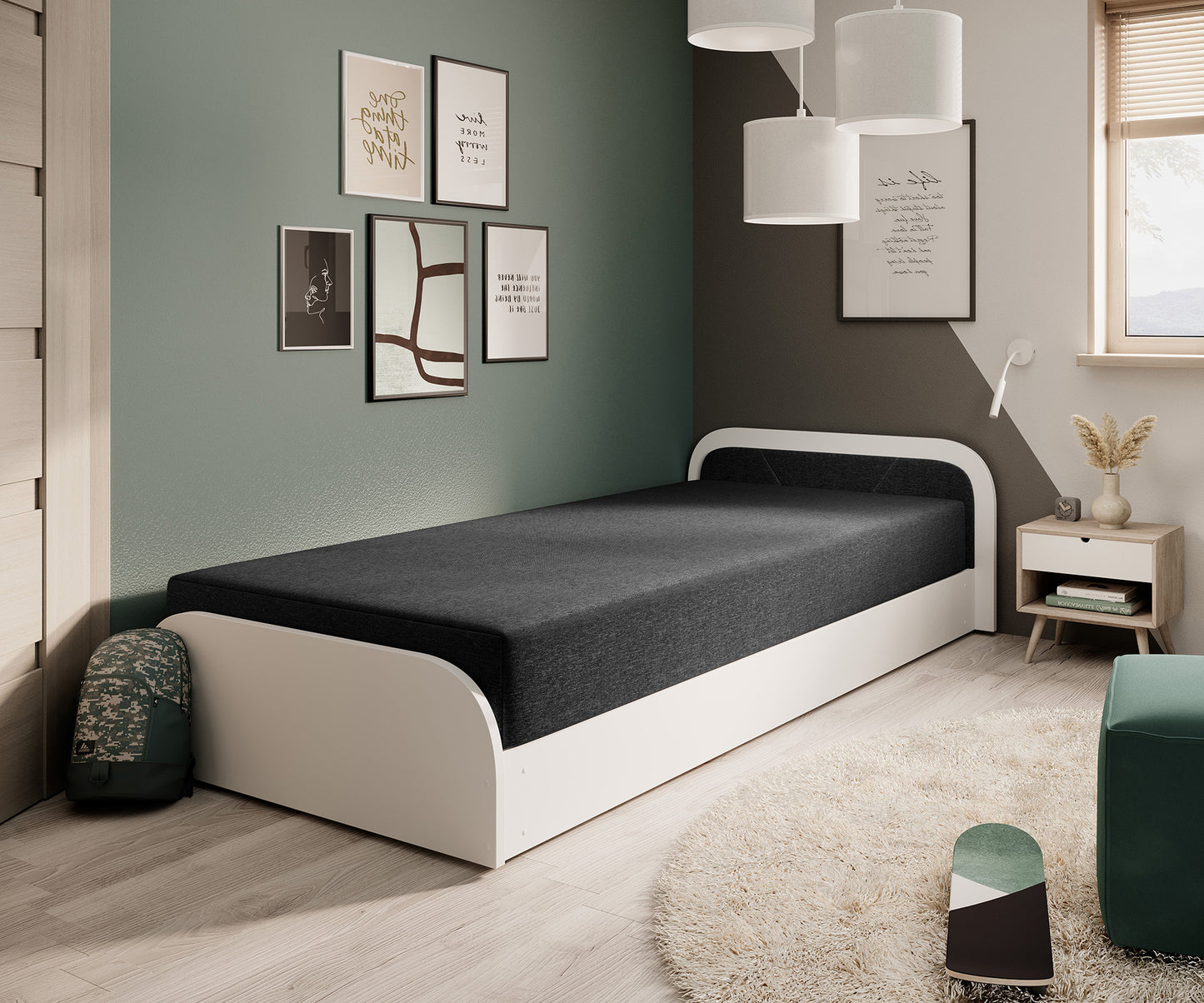 Łóżko Parys I Sawana 14 czarny w nowoczesnej sypialni: prawy układ, obok białej szafki nocnej i loftowego kinkietu na ścianie w tle.