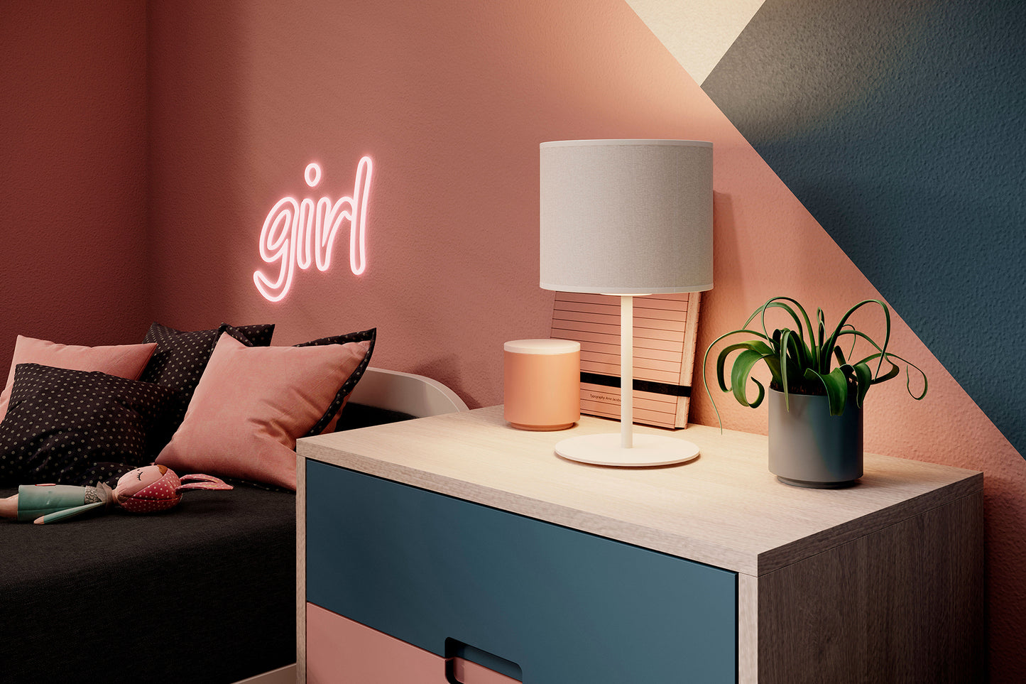 Zbliżenie na prawą krawędź łóżka Parys II w Sawana 21 czarny: widoczna zaokrąglona biała rama, tapicerowany zagłówek i fragment neonowego napisu „girl” na kolorowej ścianie.