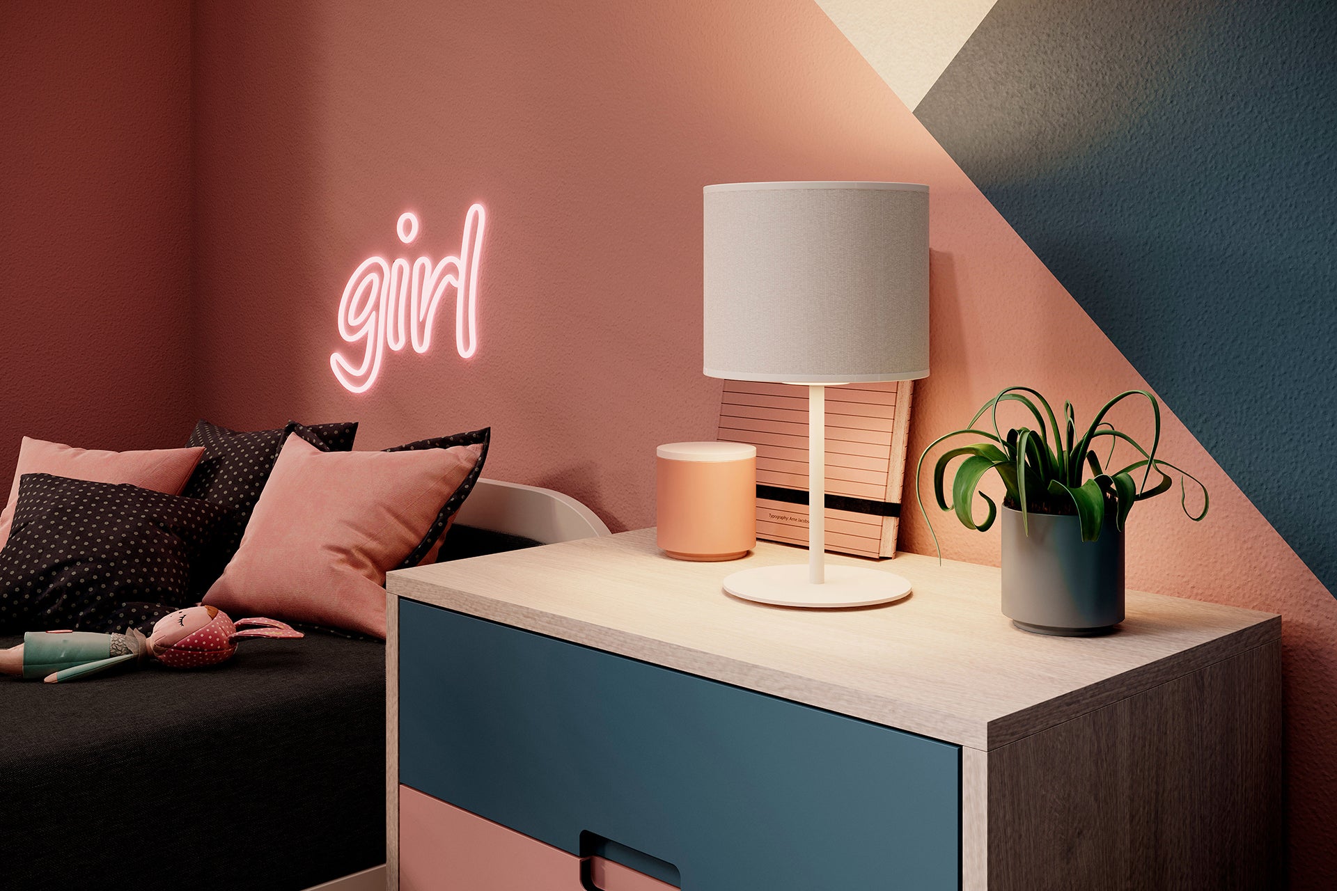 Zbliżenie na prawą krawędź łóżka Parys II w Sawana 21 czarny: widoczna zaokrąglona biała rama, tapicerowany zagłówek i fragment neonowego napisu „girl” na kolorowej ścianie.