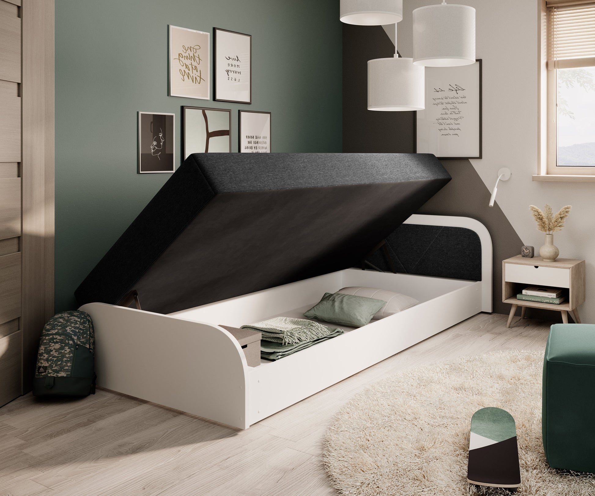 Łóżko Parys I Sawana 14 czarny z uniesionym materacem odsłaniającym pojemną skrzynię do przechowywania, ustawione po prawej stronie.
