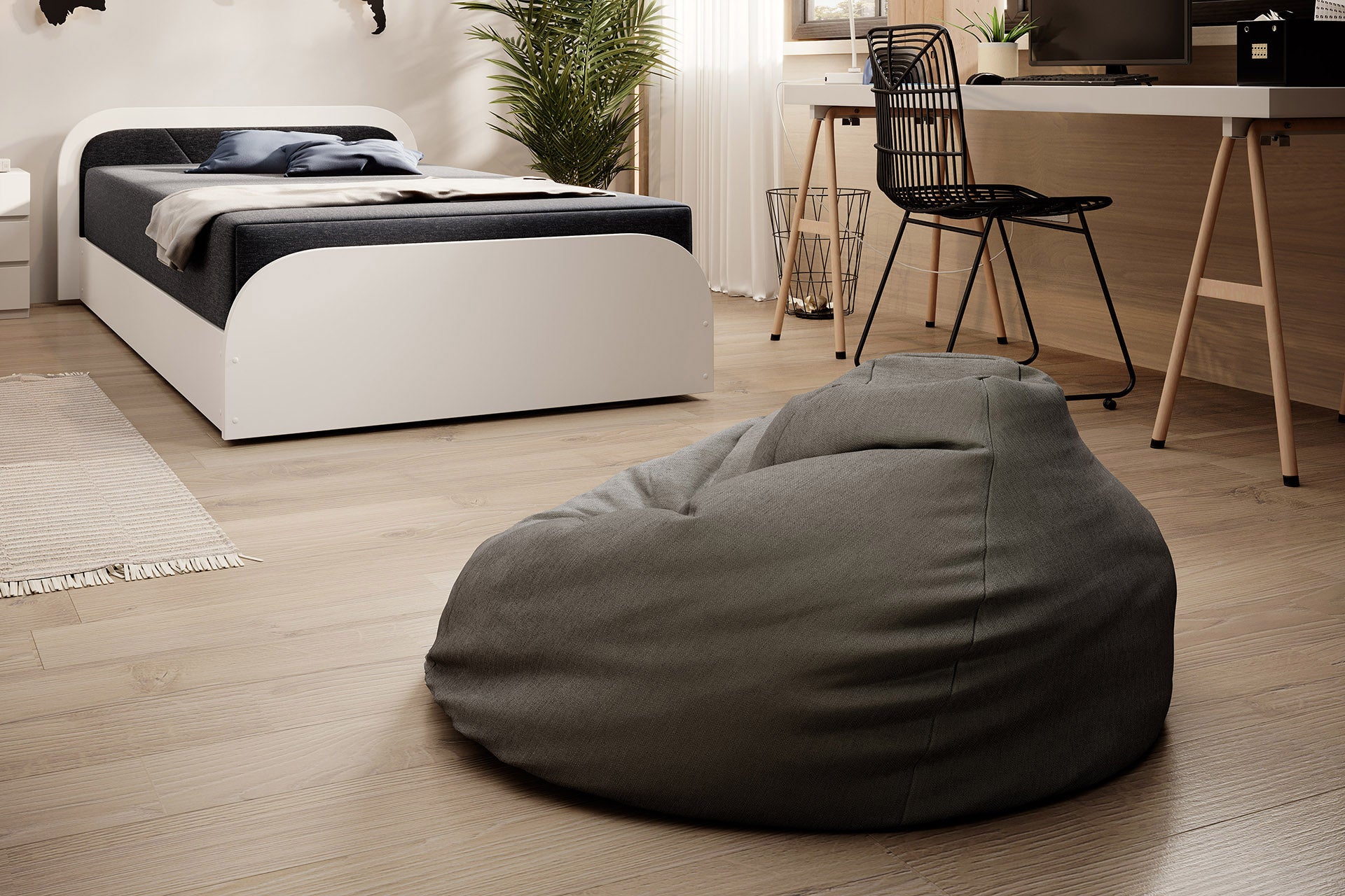 Łóżko Parys II Sawana 05 ciemnoszary układ lewy w tle biurka i pufy, nowoczesne wykończenie wnętrza.