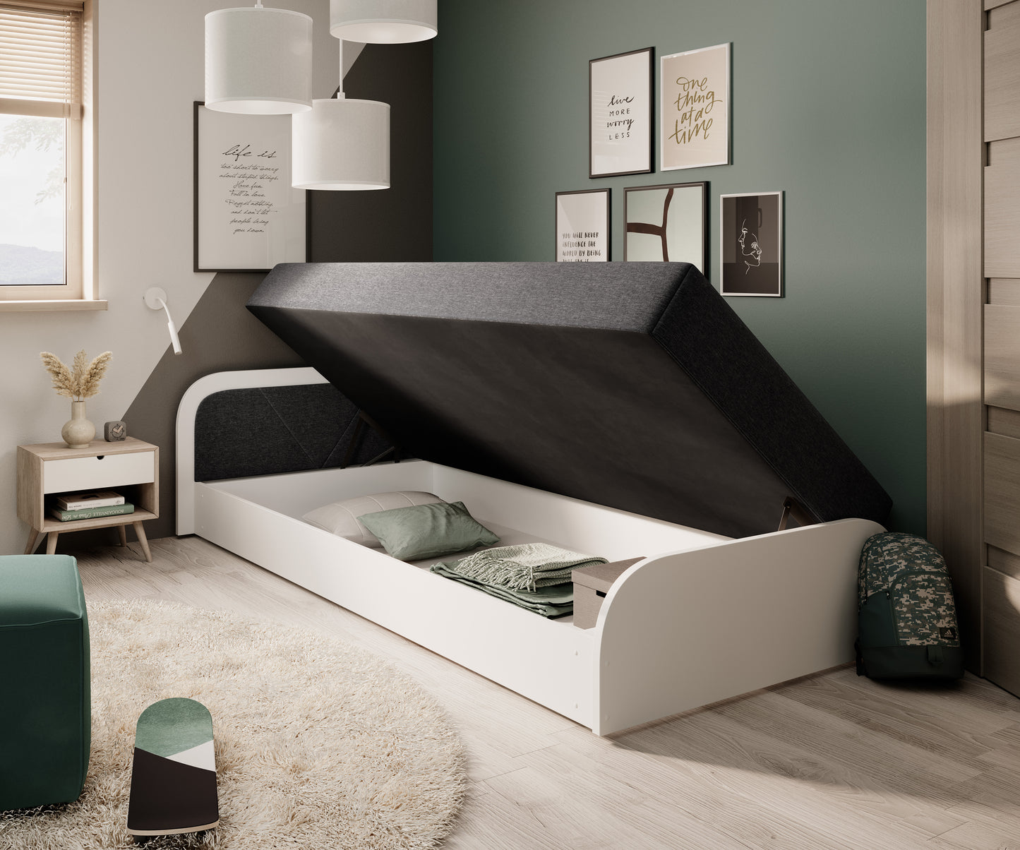 Łóżko Parys II Sawana 05 ciemnoszary układ lewy z podniesionym materacem odsłaniającym pojemną skrzynię na pościel.