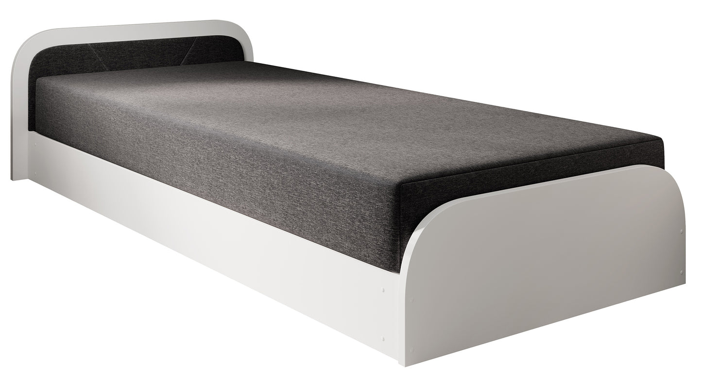 Łóżko Parys II w tkaninie Sawana 05 ciemnoszary z białą ramą, układ lewy, pod kątem, na czystym tle.