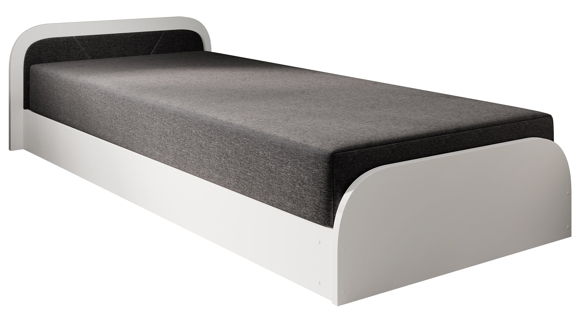 Łóżko Parys II w tkaninie Sawana 05 ciemnoszary z białą ramą, układ lewy, pod kątem, na czystym tle.