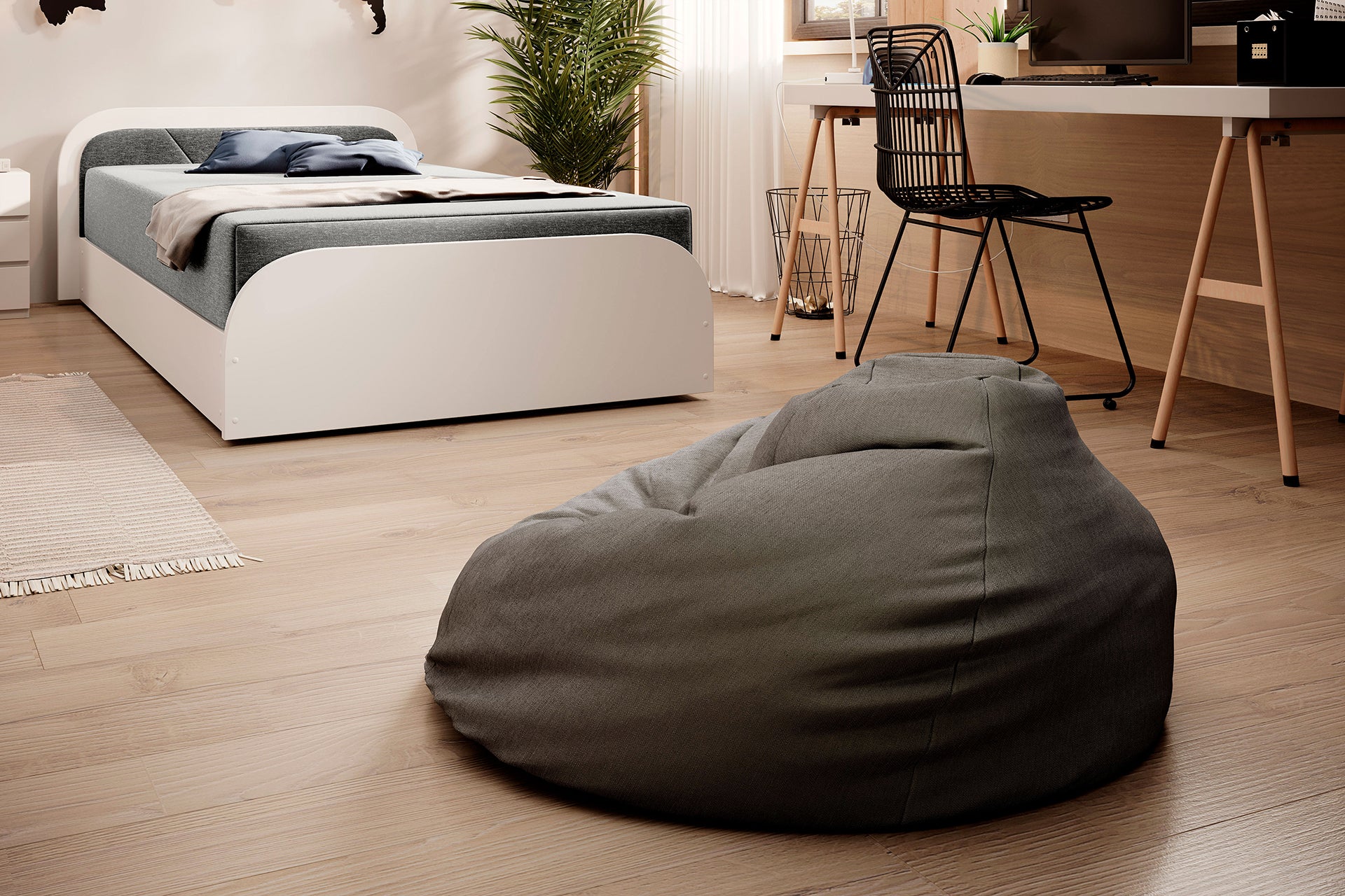 Perspektywa wnętrza: łóżko Parys II w czerni Sawana 21, biała rama, w pierwszym planie miękka pufa-worek, w tle biurko i krzesło.