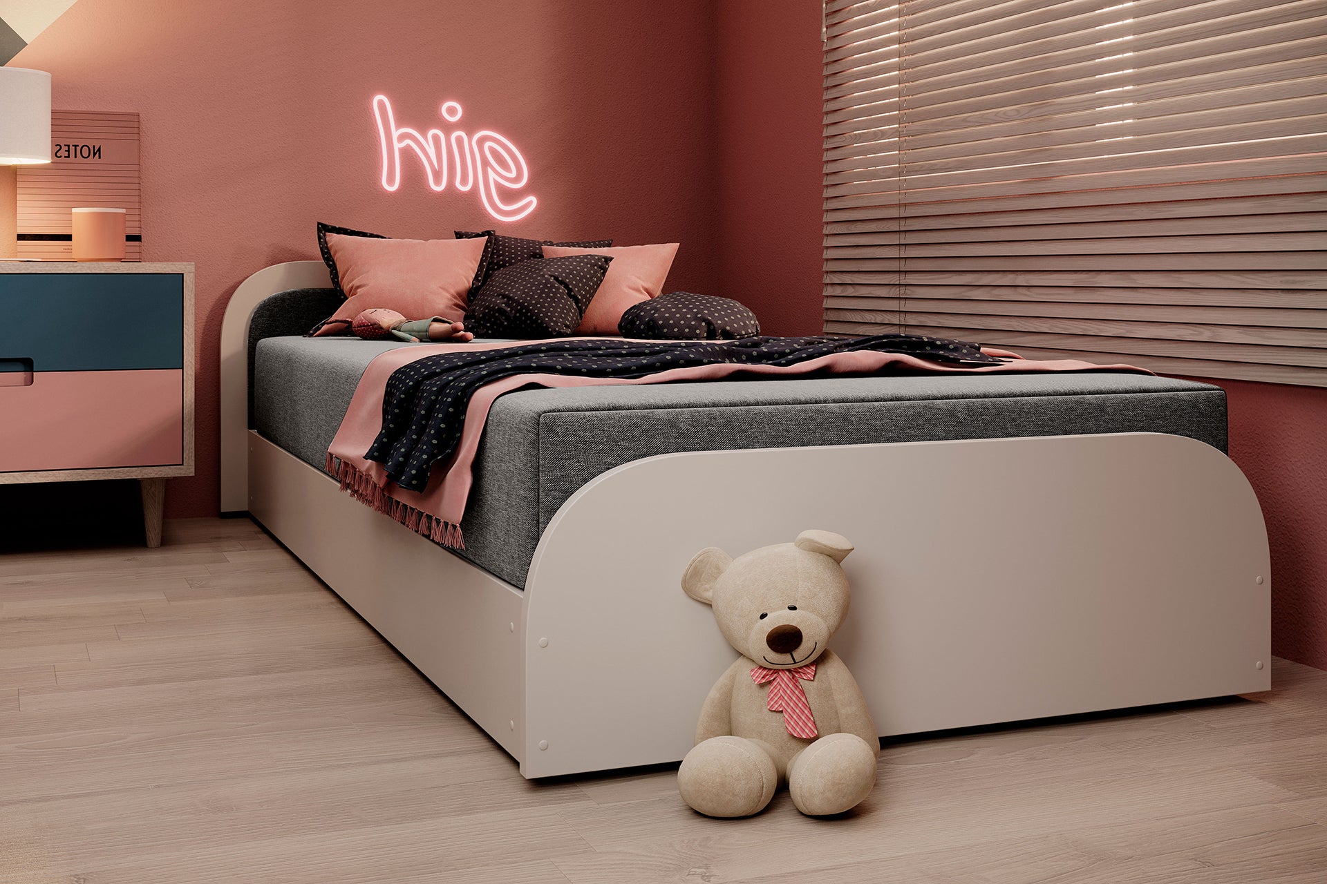 Łóżko Parys II w tapicerce Sawana 21 szary w różowo stylizowanym pokoju dziecięcym z pluszowym misiem przy stopie.
