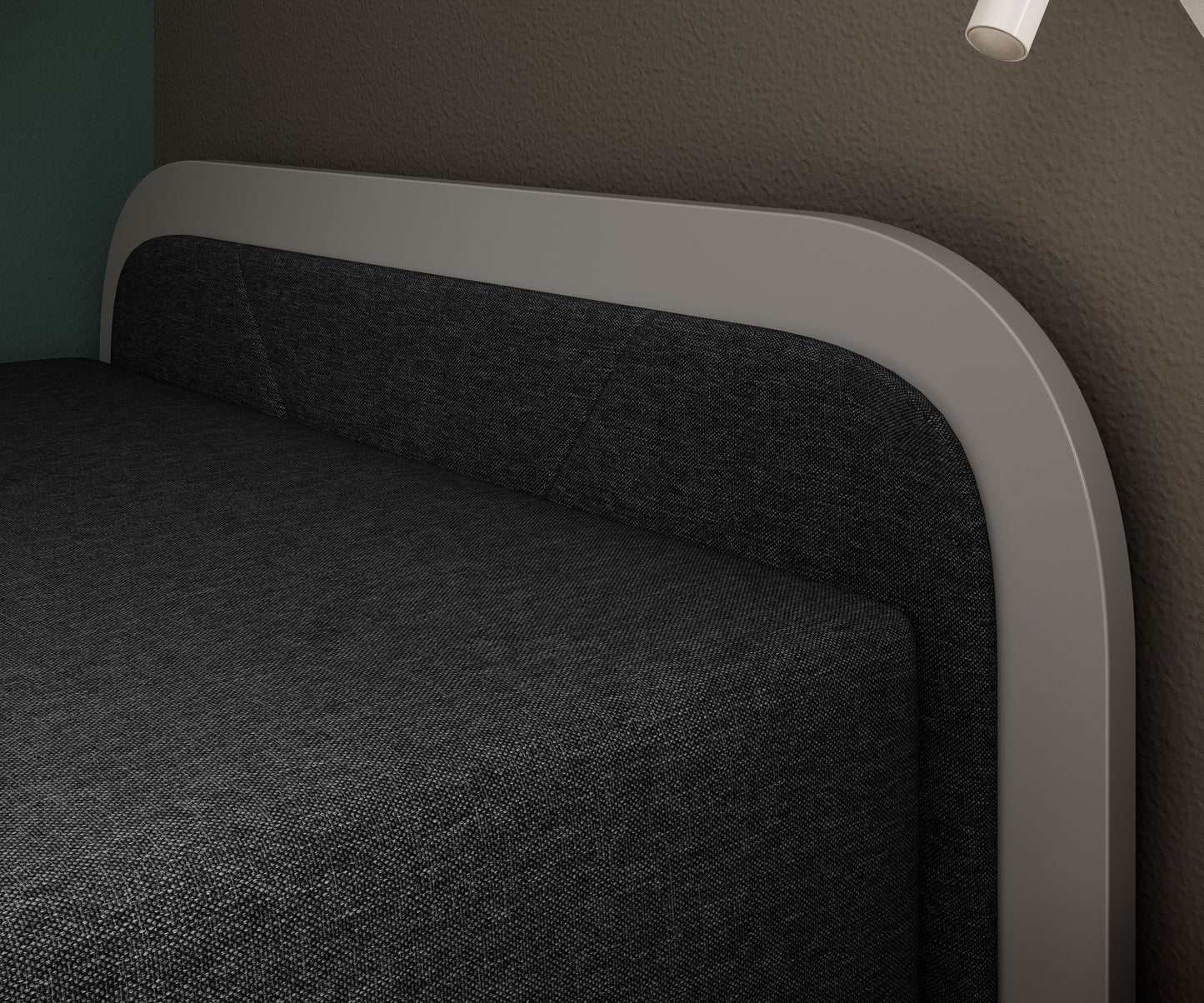 Zbliżenie na tapicerowany zagłówek łóżka Parys Alova 04 czarny (układ prawy) z obramowaniem w kolorze matowej szarości.