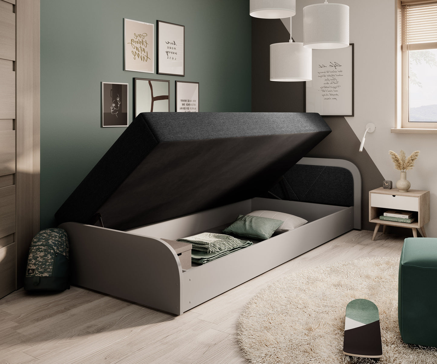 Łóżko Parys II Alova 04 czarny w układzie prawym z unoszonym materacem odsłaniającym pojemny schowek na pościel i akcesoria.