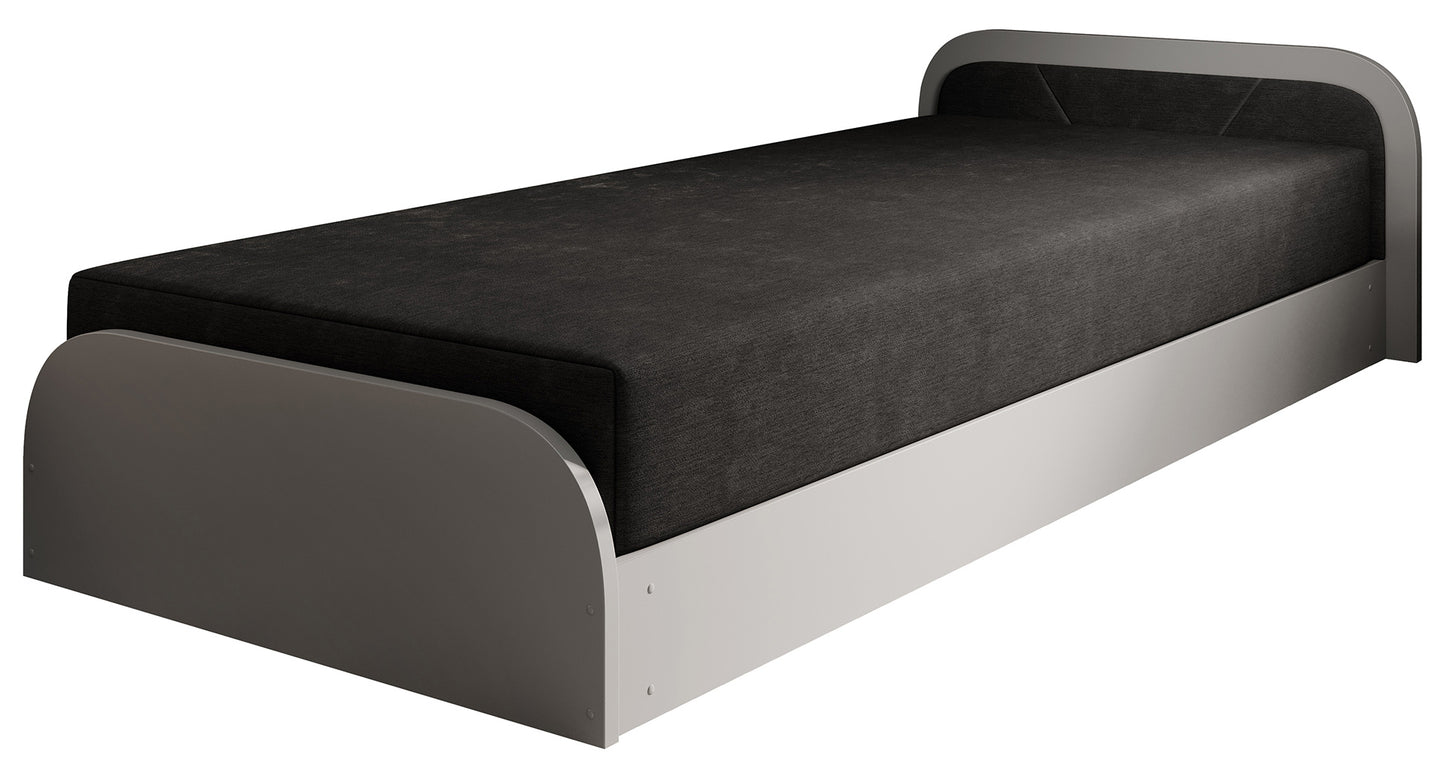 Łóżko Parys II Alova 04 czarny w układzie prawym na białym tle, z matową, szarą ramą i gładkim czarnym materacem.