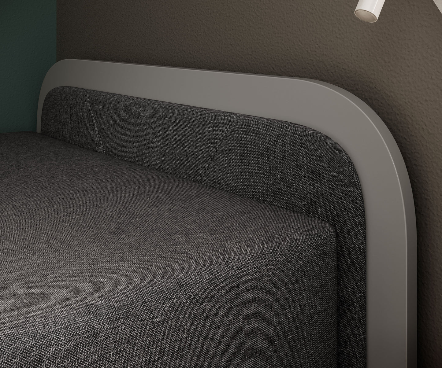 Zbliżenie na przednią krawędź łóżka Parys II Sawana 05 ciemnoszary (układ prawy), pokazujące zaokrąglony szary panel nośny i strukturę tkaniny materaca.