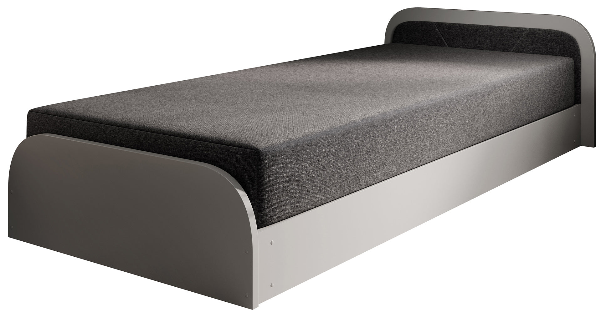 Łóżko Parys II w tkaninie Sawana 05 ciemnoszary, układ prawy, na białym tle z matową, szarą ramą i gładkim ciemnoszarym materacem.