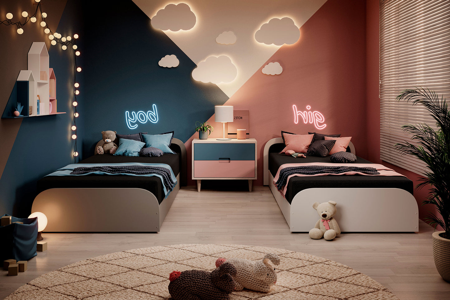 Dziecięca aranżacja z łóżkiem Parys II w tkaninie Sawana 05 ciemnoszary (układ prawy) oraz dodatkowym łóżkiem po lewej, w otoczeniu neonowych napisów „boy” i „girl”, kolorowej szafki nocnej i przytulnych poduszek.