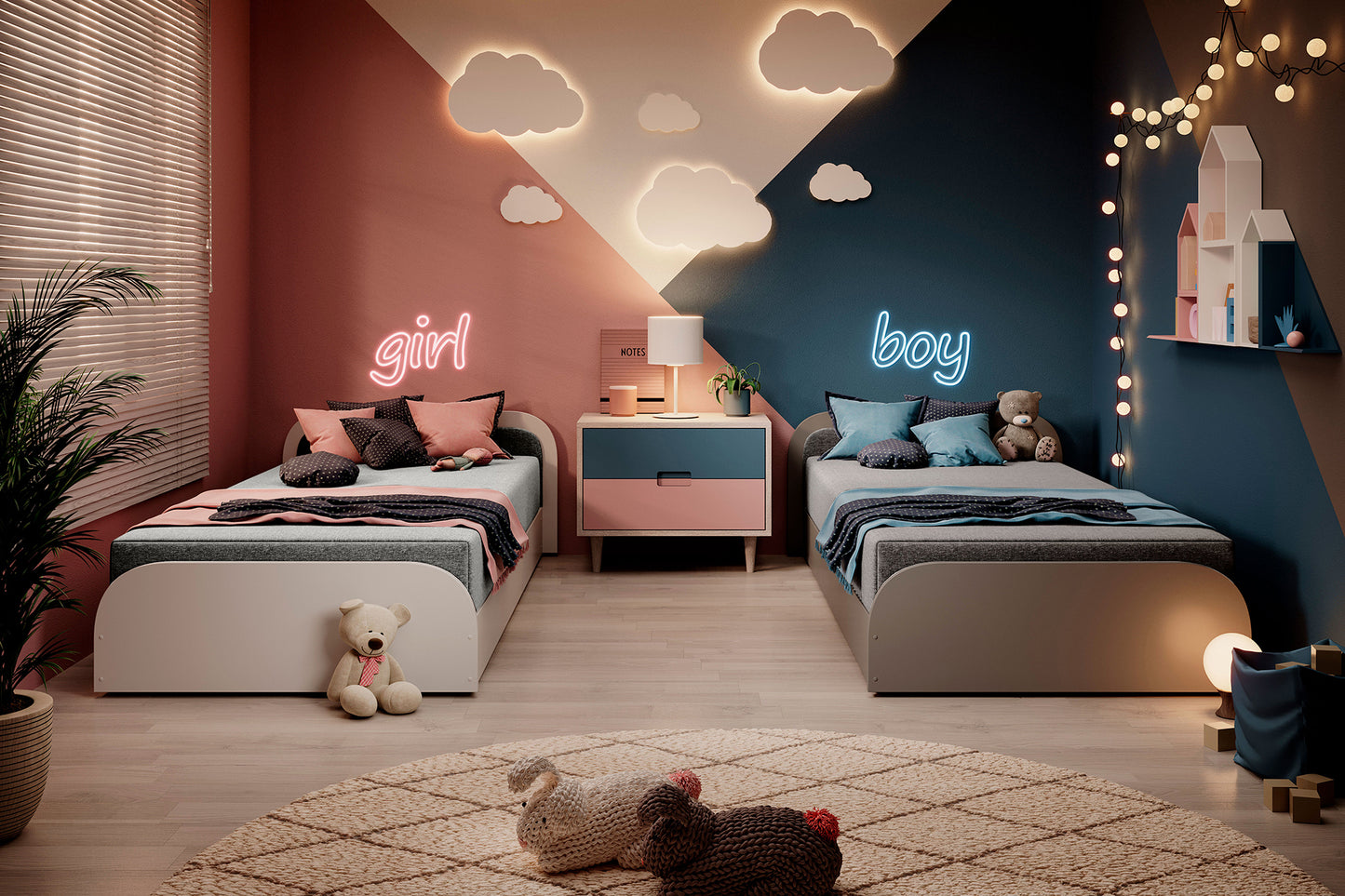 Symetryczne wnętrze z dwoma łóżkami Parys II: wersja Sawana 21 (szary, układ prawy) po prawej i Sawana 05 (jasnoszary) po lewej, podkreślone neonami „girl” i „boy”.