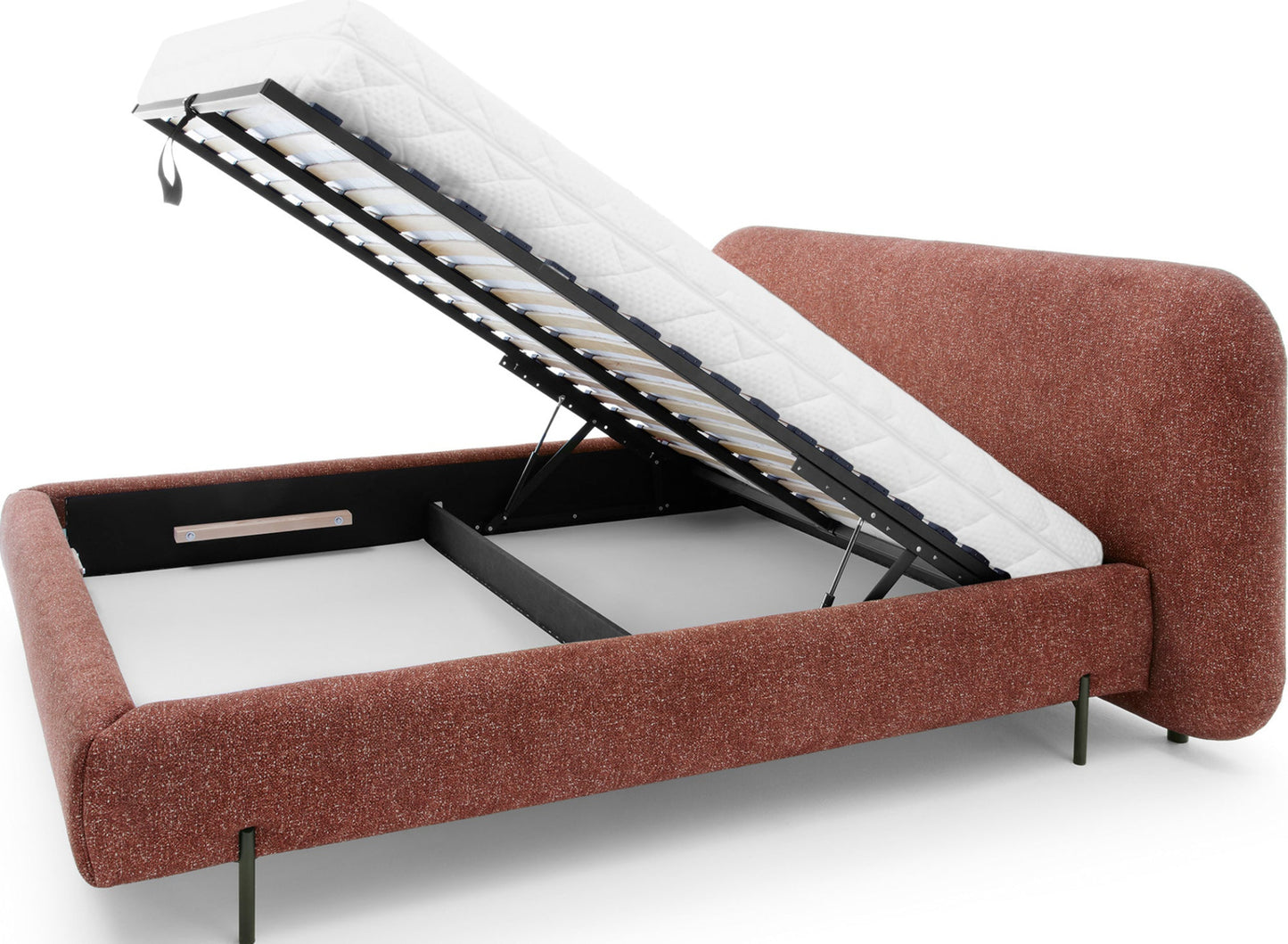 Zdjęcie ukazuje pojemnik na pościel łóżka Pointt Breona 30 w kolorze ceglastym – z unoszonym stelażem i materacem.