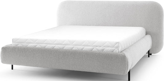 Nowoczesne łóżko tapicerowane Pointt w jasnoszarej tkaninie Jaffray 03 z zaokrąglonym zagłówkiem – elegancja i komfort do sypialni.