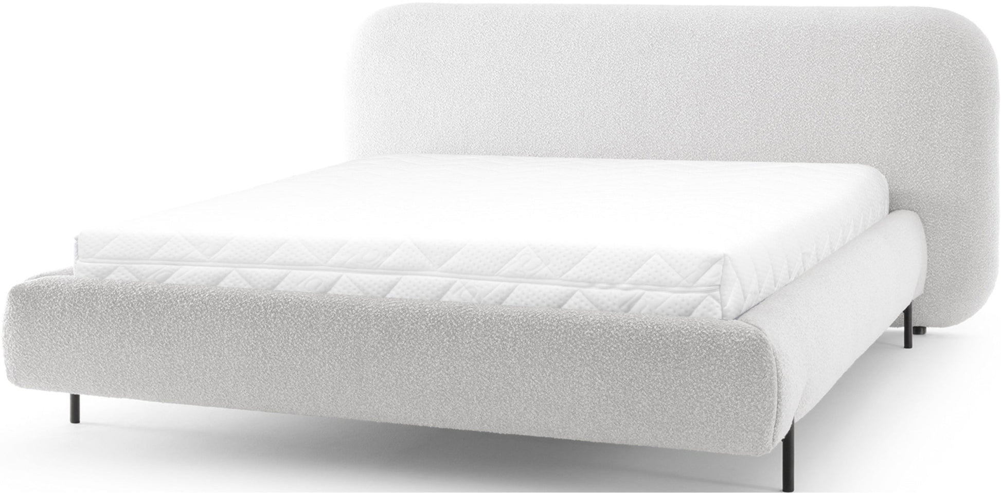 Nowoczesne łóżko Pointt w tkaninie Jaffray 18 jasnobeżowy – zaokrąglony zagłówek, miękka boucle i minimalistyczny design.