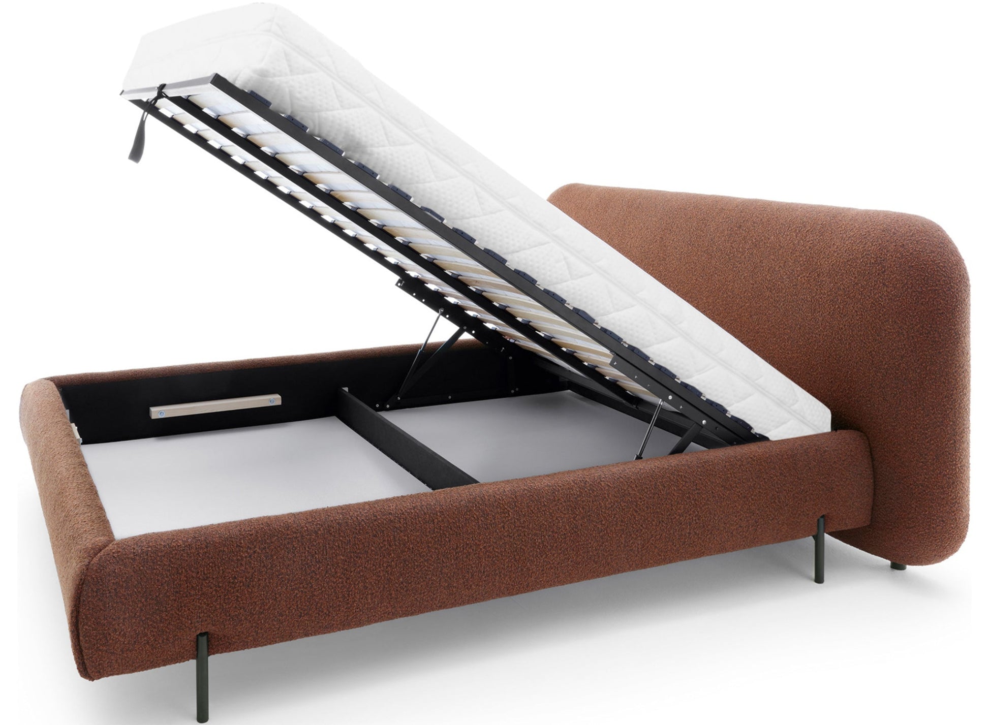 Łóżko Pointt Jaffray 30 ceglane z pojemnikiem – podnoszony stelaż, materac piankowy, tapicerowane tkaniną boucle.