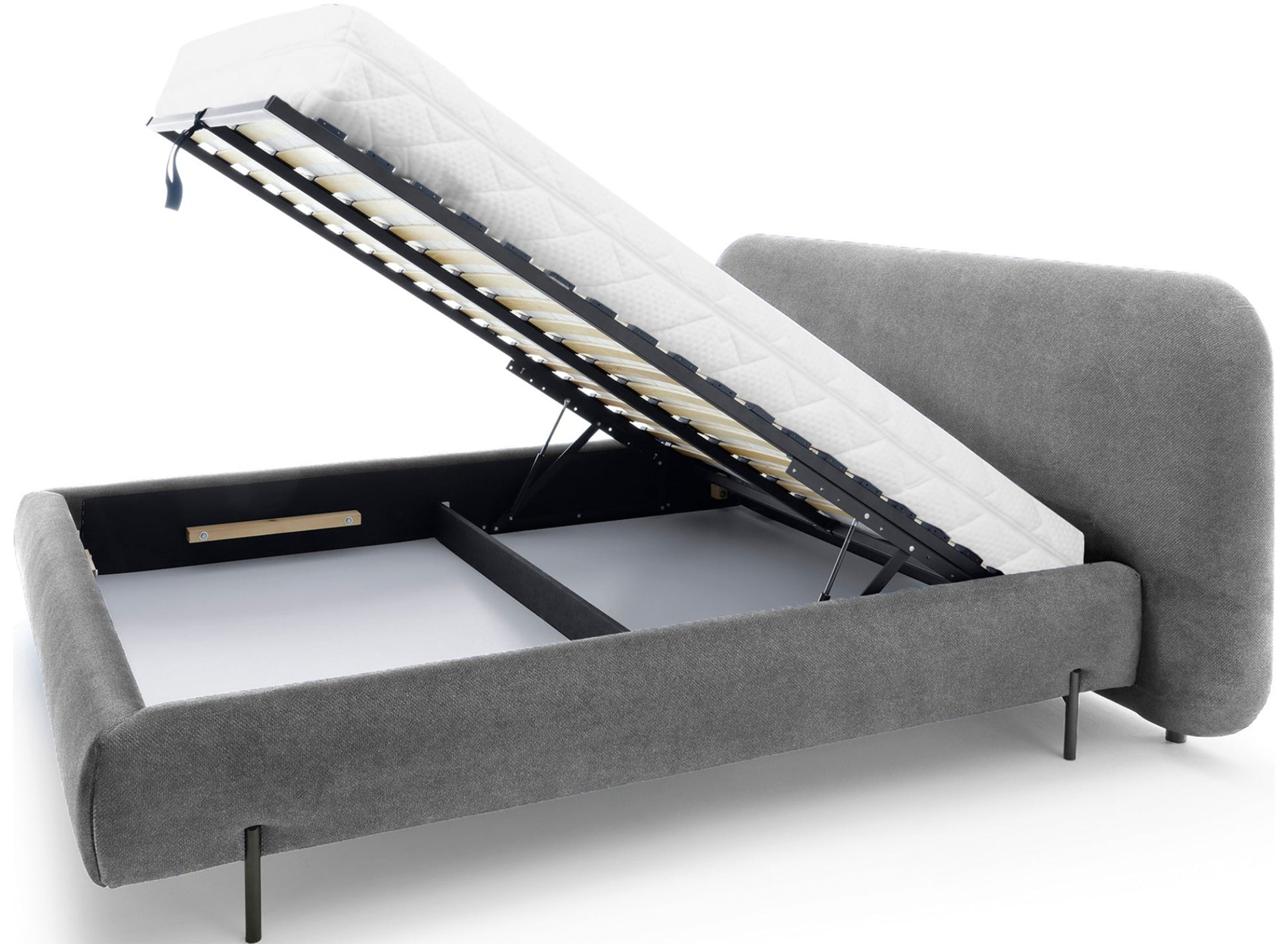 Łóżko Pointt Paolli 04 szare – pojemnik na pościel z otwartym stelażem, funkcjonalne łóżko tapicerowane z podnoszonym materacem.